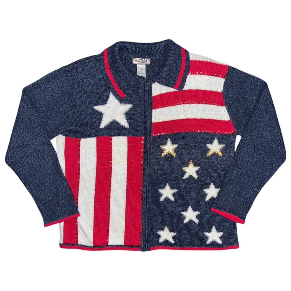 VTG Tiara American Flag Sweater M Zip Patriotic USA July 4th Sequin Knit 80s 90s